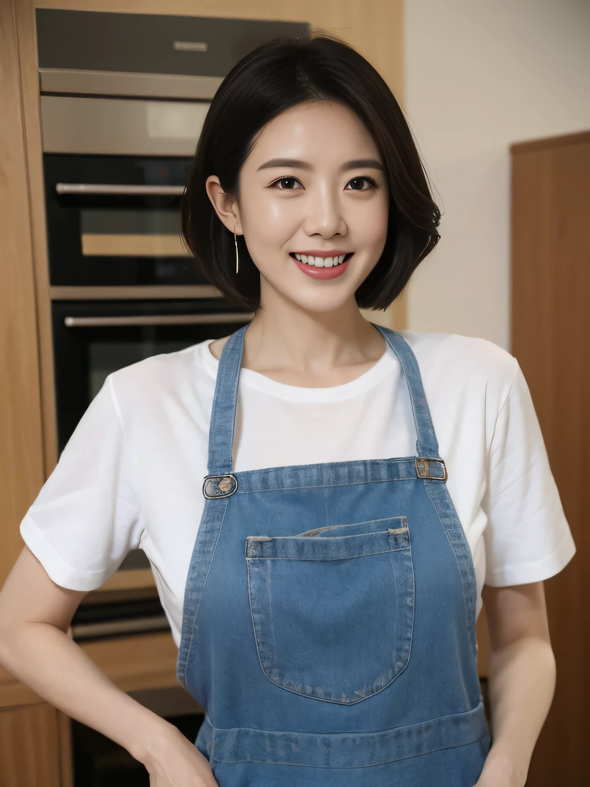 UHD, masterpiece, anatomically correct, textured skin, super detail, highres, 8k、 she says ((50 years old))is a part-time housewife。 looking at me and laughing。 She says I work as a cashier at a supermarket。A woman with a bright smile。wearing casual clothes and an apron。