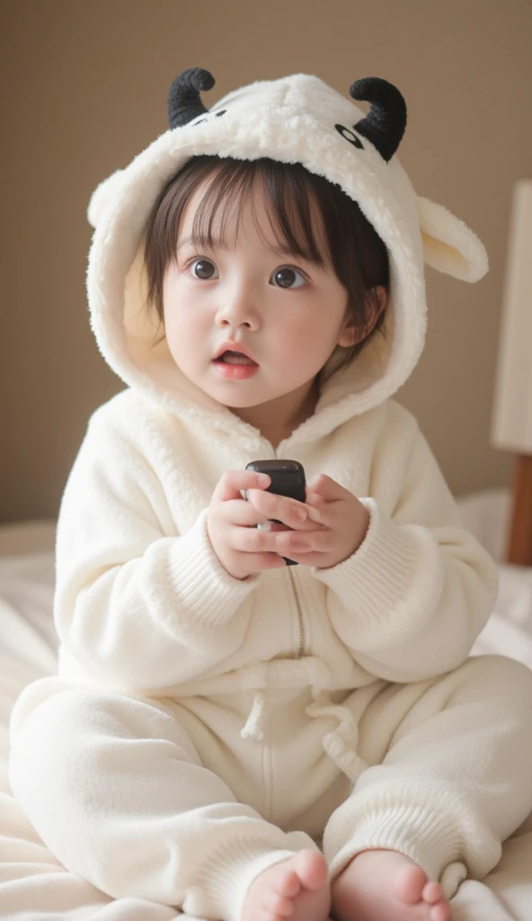  girl in soft slippers hugs a huge teddy bear in the children&#39;s room