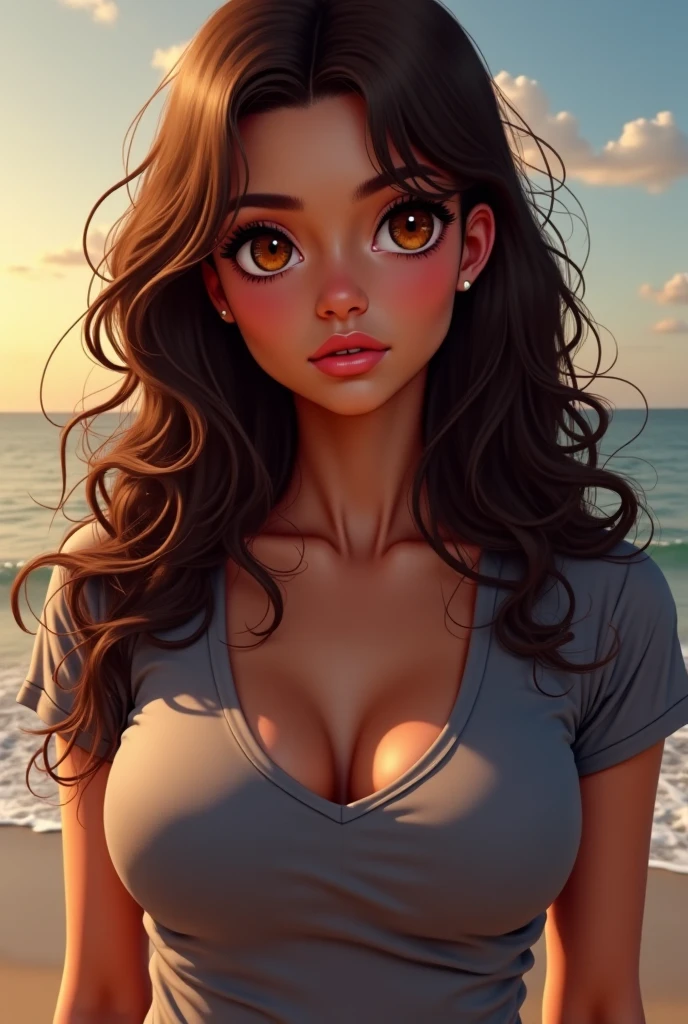 beautiful girl, blue eyes, pony tail, large breasts, ((beautiful slim teenage girl 18 year old, brown hair, earrings, lips, realistic, pink lipstick, long eyelashes, earrings, wearing eyeliner, fair skin, (sexy), (detailed face), detailed eyes, detailed iris, sexy look, looking at viewer, (hot), facing viewer, ((thighs)), towel wrapped, lip gloss, big full lips, long hair, smiling, sunny environment, warm light, ponytail, (photorealistic: 1.4), beach