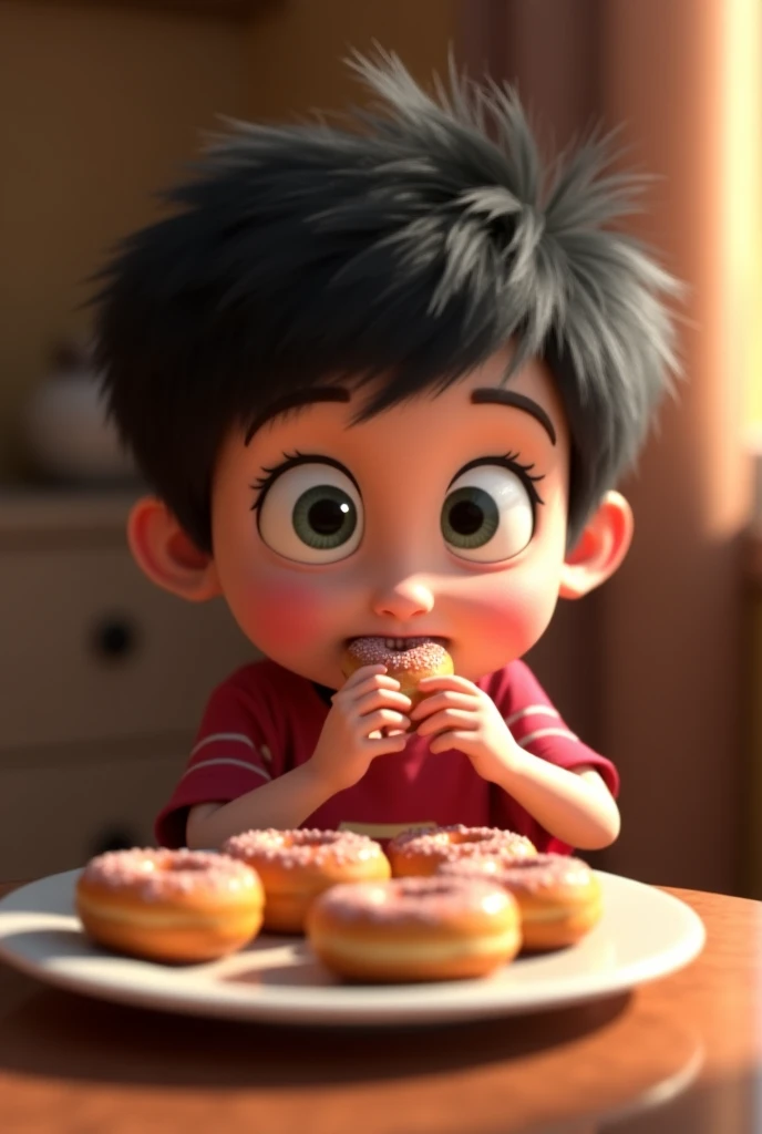 a boy looking to a plate on a table; on this plate there is a bread with gem; there is a cat sleeping on the floor behind this boy