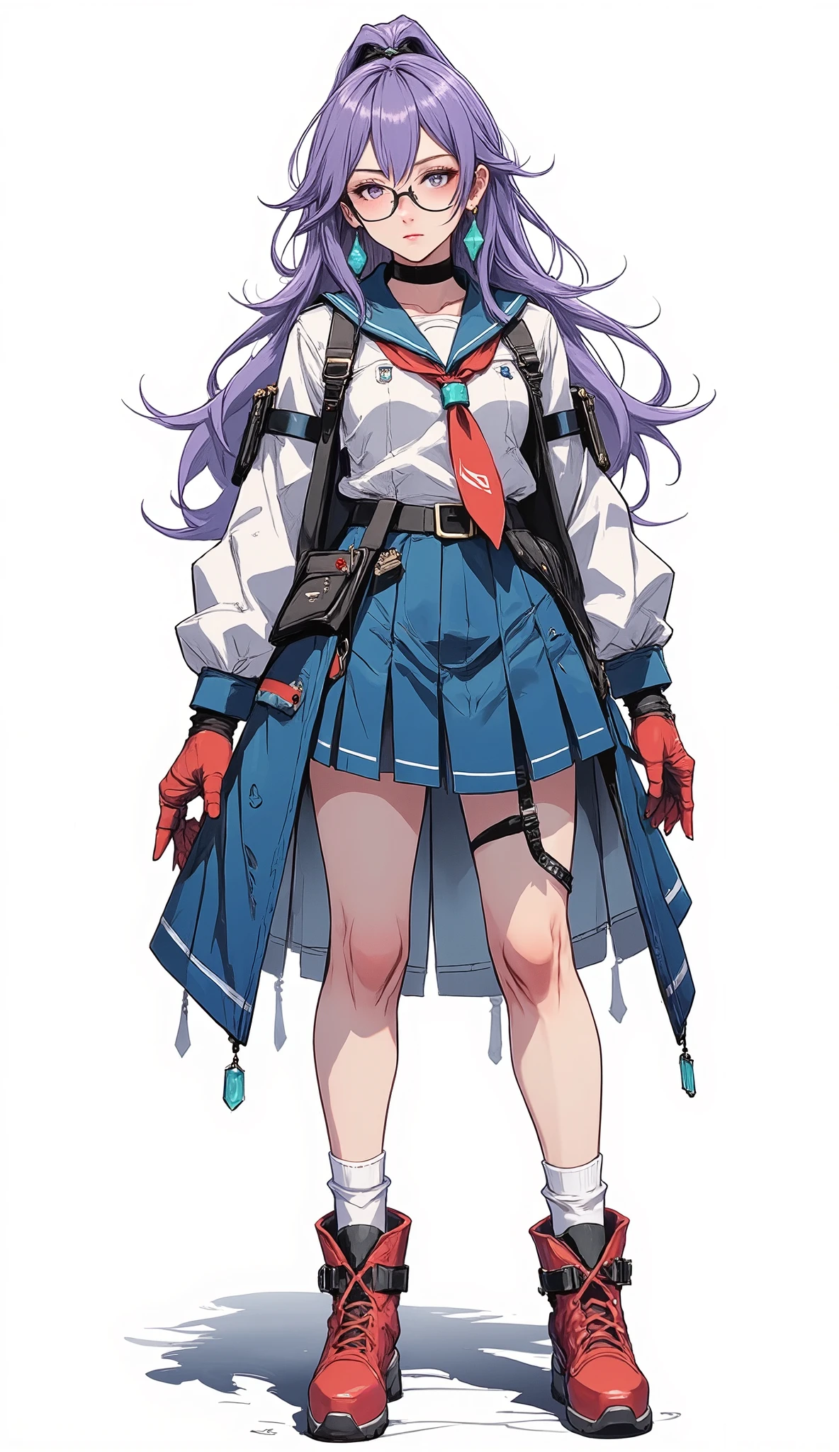 Composition from head to toe、full body view、( masterpiece, highly detailed, about, Clear focus, shadow, very high resolution, 8K, perfect anatomy, perfect face, (detailed face), (detailed eyes), a young woman with anime hair long and purple tied in a high ponytail. From head to toe, She wears fine-framed glasses and turquoise jewel earrings. Her outfit consists of a stylish blouse light blue sailor with a red tie, that reveals her shoulders and part of her stomach. Underneath she wore a blue pleated skirt that reached above her thighs. Her skin was a soft color, and there was a faint blush on her cheeks.
She stands up from head to toe. 、red gloves、socks, Red boots, white background