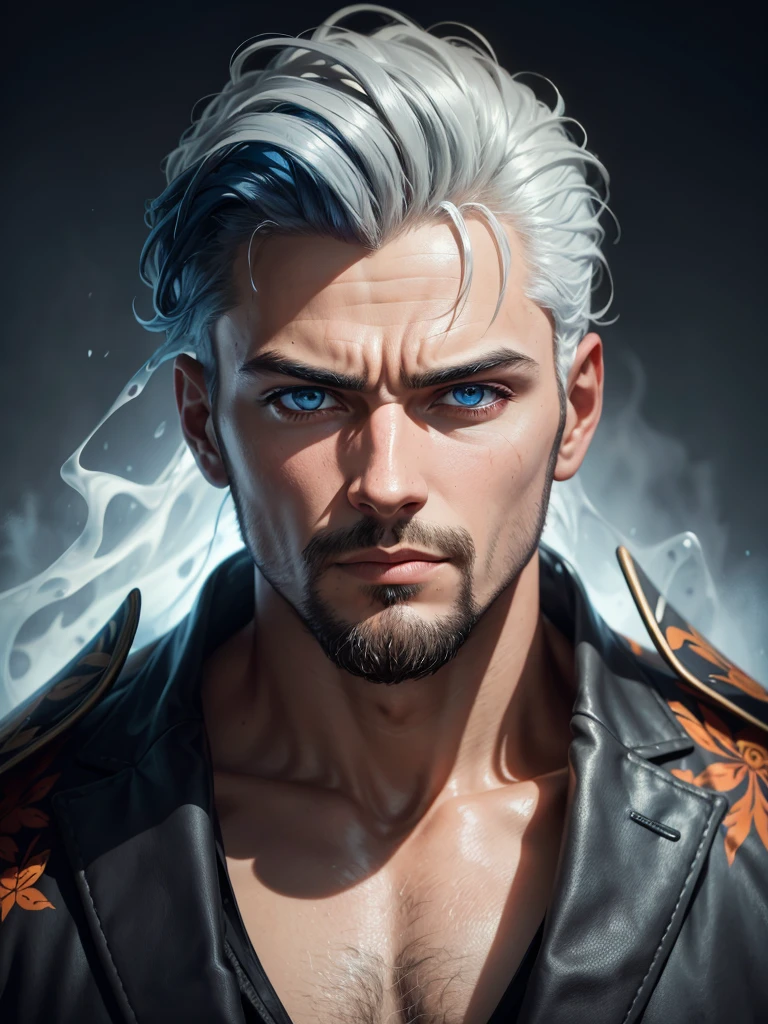 1 man, 50s year old,  solo, old man, upper body shot, a man making green fire out of his hand, white skin, shirtless, open chest, tattoo, symmetrical tattoo, grey beard, muscular, hunk, bear body, short cut hair, grey hair, smirks, turn head pose, hadesstyle, green fire, mythical fire, fantasy world, best quality:1.2, masterpiece, high resolution:1.2, big brown with fur trench coat, gold necklace, high camera angle, shadow, volumetric lighting, flat style