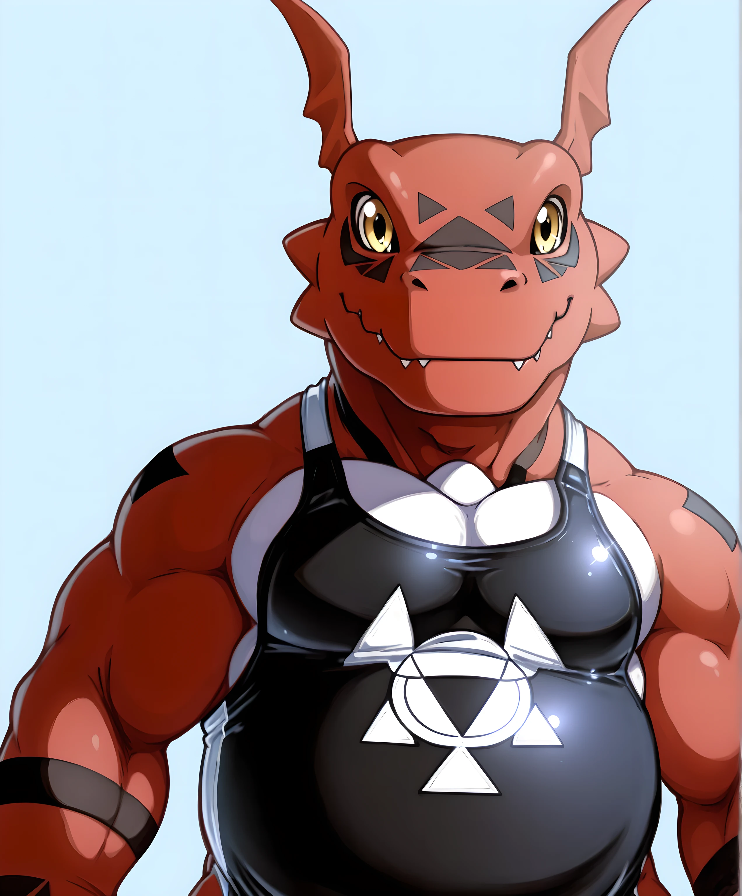 guilmon, high quality, male, solo, simple background, no background, looking at viewer, posing, half body, thick arms, ((wearing black wrestling_singlet, black wrestling singlet)),