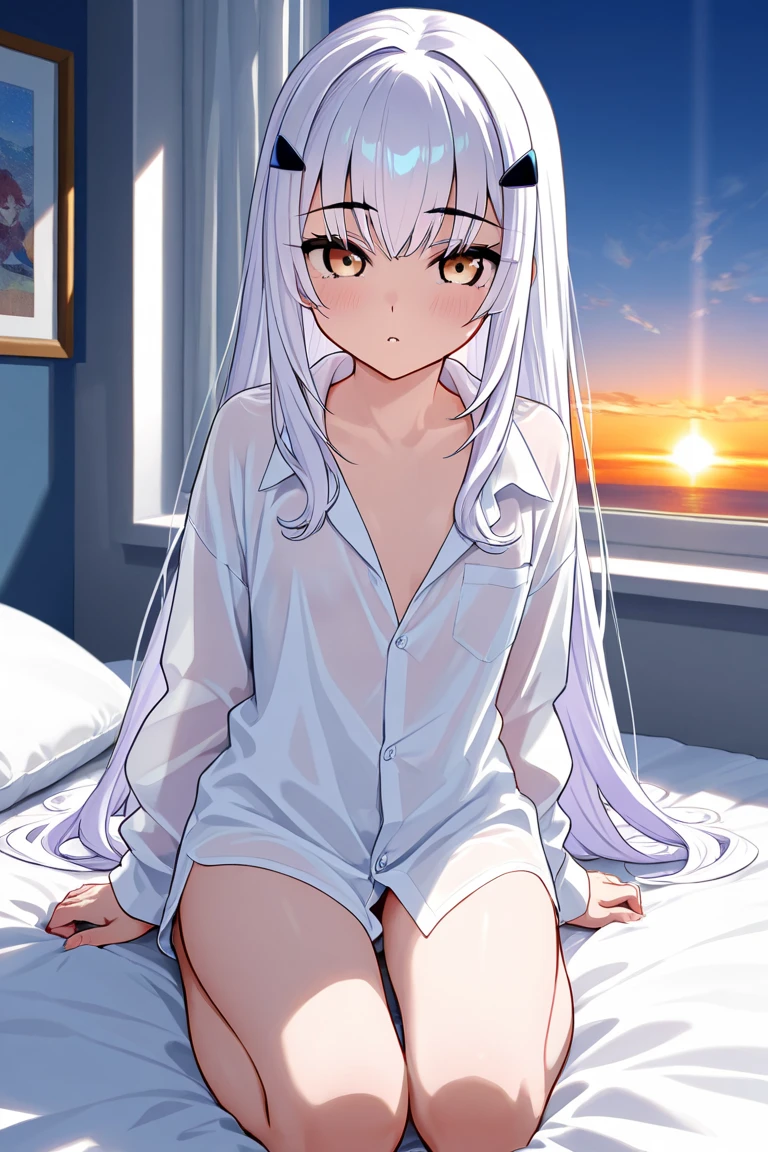 (Highly detailed CG Unity 8k wallpaper)、(masterpiece)、(top-quality)、(ultra-detailliert)、(The best illustrations)、(Best Shadows)、超A high resolution、(Photorealsitic:1.4)、One girl at home、( (Very oversized shirt、buttoned shirt、open-shirt))、(Men's shirts)、no-bra、鎖骨、(small tits:1.2)、small nipple、(The long-haired:1.2)、Looking at the camera、Light smile、The upper part of the body、makeup、、cleavage of the breast