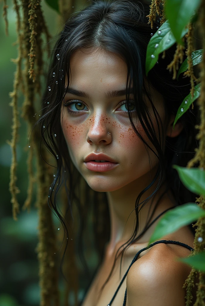 (tall woman with slender figure), (she stands in the garden in rainy weather), ((dark red very long hair)), (small head), ((detailed realistic face and eyes)), cinematic lighting, 8K resolution, ((long white shirt)), ((very wet shirt)), ((wet hair)), (she plucks at shirt)