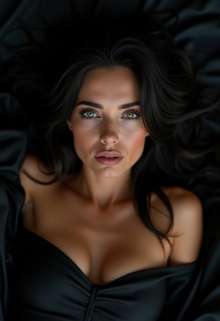 Swedish girl with long curvy body black hair green eyes tender look and naked mischievous smile on a moonlight bed in sensual position and transparent silk on her breasts and fairy godmother tattoos over her entire ultra-realistic hyper-realistic body
