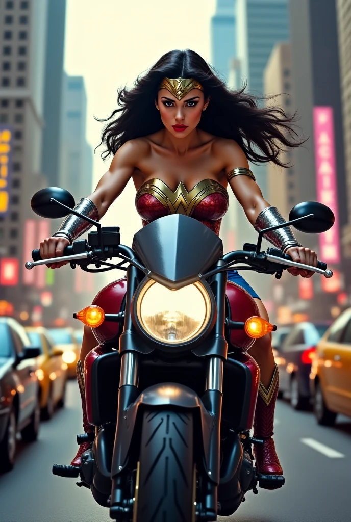 (((From extreme close-up a beautiful black-haired woman under the cloak of the Amazon warrior Wonder Woman wearing a navy blue leather jumpsuit with scales covering her neck,torso and forearms (((Red corset in armor))) red helmet with Wonder Woman emblem on the front long red boots up to her knees riding a big red futuristic high displacement motorcycle Wonder Woman logos on the motorcycle)))