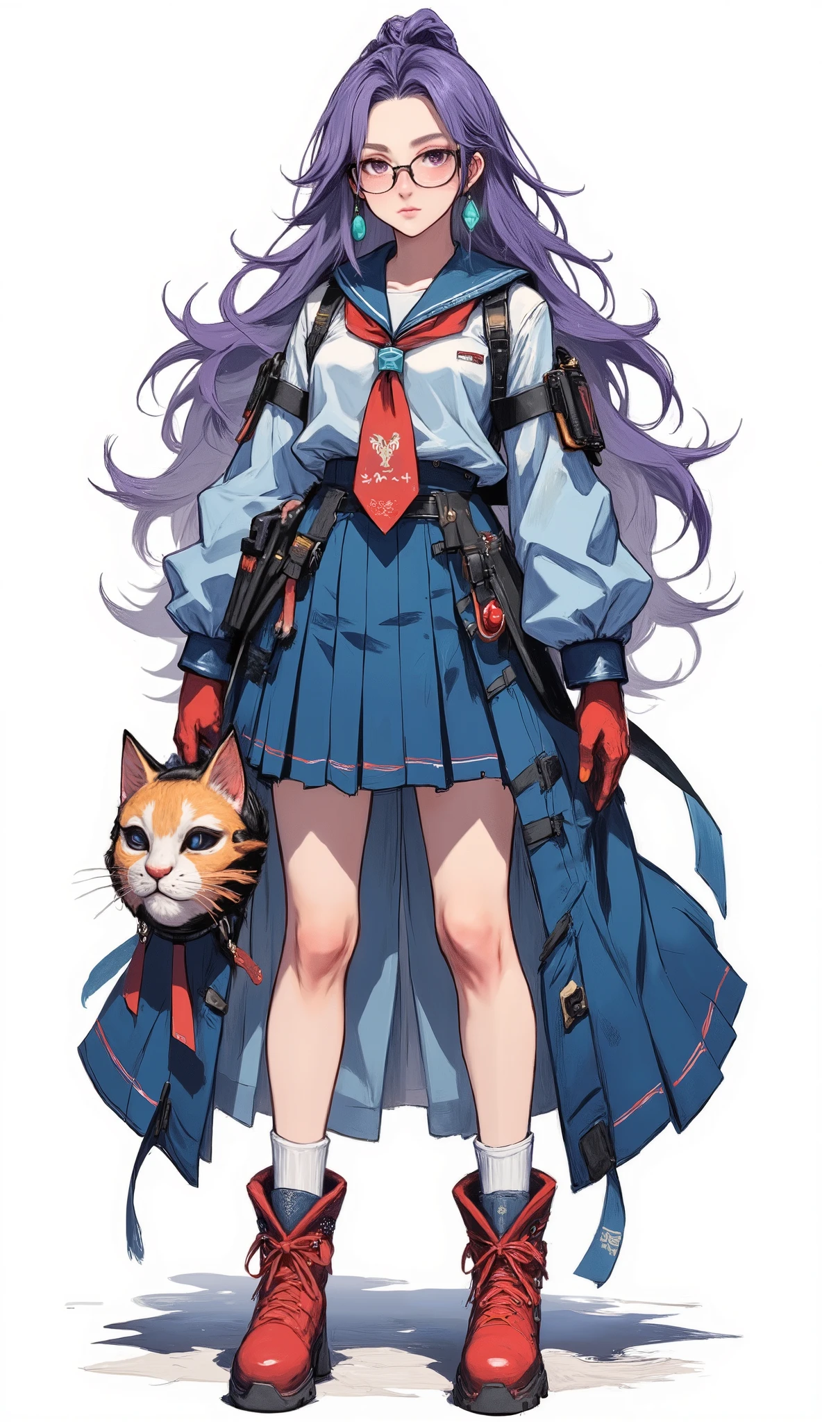Composition from head to toe、full body view、( masterpiece, highly detailed, about, Clear focus, shadow, very high resolution, 8K, perfect anatomy, perfect face, (detailed face), (detailed eyes), a young woman with anime hair long and purple tied in a high ponytail. From head to toe, She wears fine-framed glasses and turquoise jewel earrings. In her hands, she holds a traditional Japanese-style mask in the shape of a cat's head..Her outfit consists of a stylish blouse light blue sailor with a red tie, that reveals her shoulders and part of her stomach. Underneath she wore a blue pleated skirt that reached above her thighs. Her skin was a soft color, and there was a faint blush on her cheeks.
She stands up from head to toe. 、red gloves、socks, Red boots, white background