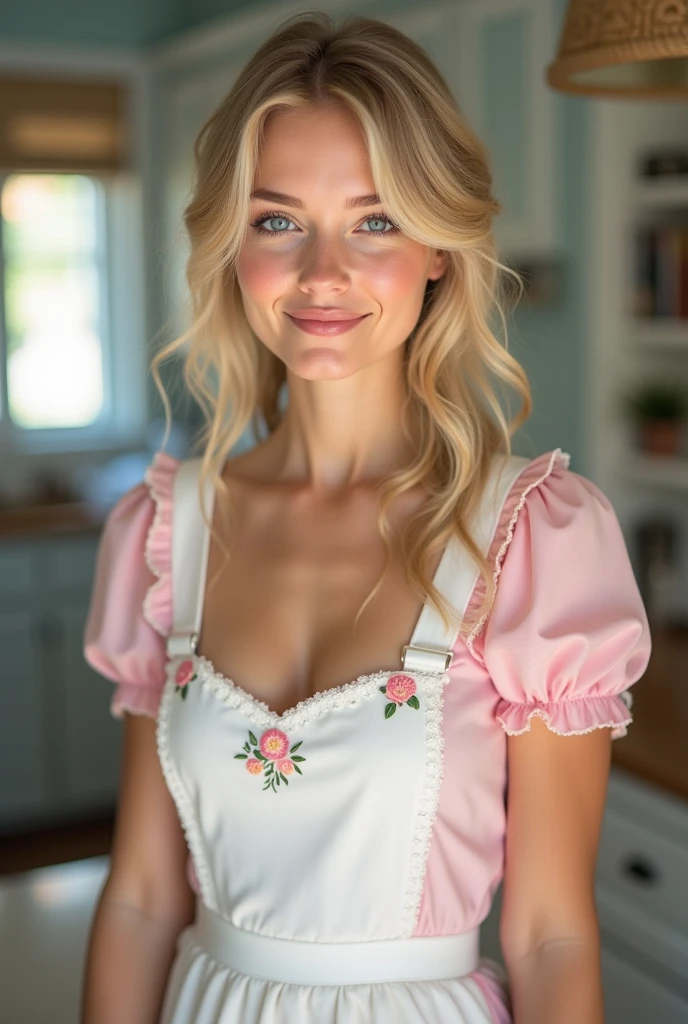 a closeup portrait of dafkan as a playful maid, undercut hair, apron, amazing body, pronounced feminine feature, busty, kitchen, [ash blonde | ginger | pink hair], freckles, flirting with camera
 <lora:Dakota Fanning:1>