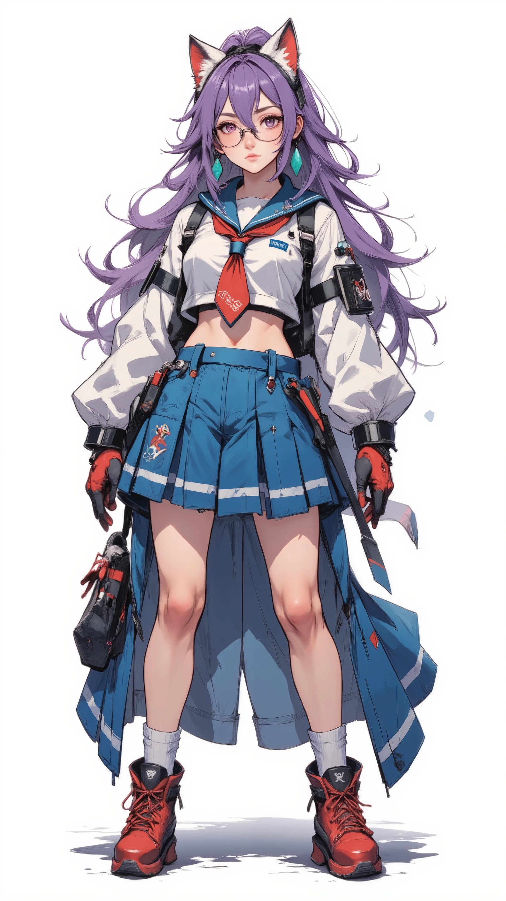 Composition from head to toe、full body view、( masterpiece, highly detailed, about, Clear focus, shadow, very high resolution, 8K, perfect anatomy, perfect face, (detailed face), (detailed eyes), a young woman with anime hair long and purple tied in a high ponytail. From head to toe, She wears fine-framed glasses and turquoise jewel earrings. She is wearing a traditional Japanese mask in the shape of a cat's head.Her outfit consists of a stylish blouse light blue sailor with a red tie, that reveals her shoulders and part of her stomach. Underneath she wore a blue pleated skirt that reached above her thighs. Her skin was a soft color, and there was a faint blush on her cheeks.
She stands up from head to toe. 、red gloves、socks, Red boots, white background