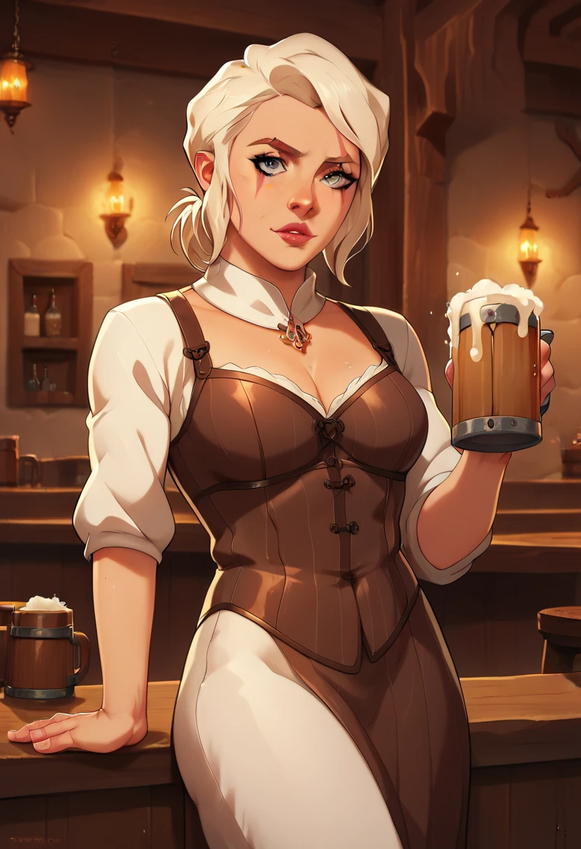((melhor qualidade)), ((Obra de arte)), (detalhado), goddess freya, beautiful woman, blonde, attractive, voluptuous woman, light eyes, short stature, freckles on her face, nordic clothes, holding a wooden mug with beer,