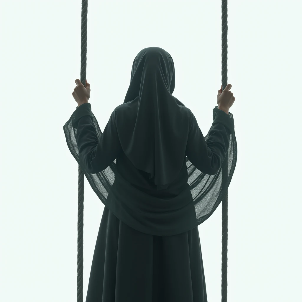 (Photography)(dynamic) Show a Malay hijab female, hanging  in the middle of room. Blindfold. Hands tied together upwards. Crying.