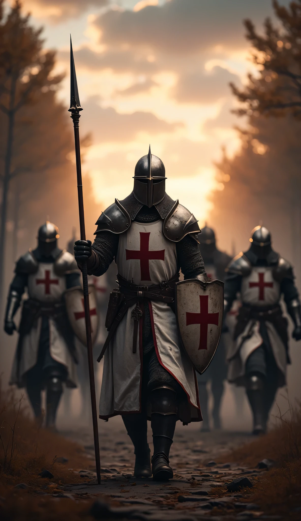 **Prompt:** Create a captivating hyper-realistic panoramic wide-angle image that transports viewers to medieval christian Europe, showcasing a symmetrically balanced composition. In the foreground, a determined patrol unit of Templar knights brotherhood clad in authentic, gleaming armor is depicted. Templar ry. Their chainmail and iconic white robes, embellished with bold red cross symbols, catch the dimming light of dusk as they march resolutely toward an impending battle. Intricately Each knight holds a spear firmly in one hand while their other arm grasps a red cross shield, ready for the conflict ahead. Pay special attention to the intricate textures of their armor and the fabric of their robes, while also employing advanced UHD ambiance to enhance the atmospheric play of light and shadow in the scene. The depth of the image should invoke a sense of urgency and anticipation, emphasizing the dynamic movement of the knights. Focus on the meticulous details of their hands, ensuring that the anatomy of the fingers gripping their weapons is both realistic and compelling. The final piece should mirror the high standards of award-winning documentary photography, akin to styles seen in National Geographic, artstation, and deviantart. This scene should be rich in historical accuracy, evoking the timeless spirit of the medieval era, while respecting content guidelines and avoiding any elements of violence or negativity. DEUS VULT!