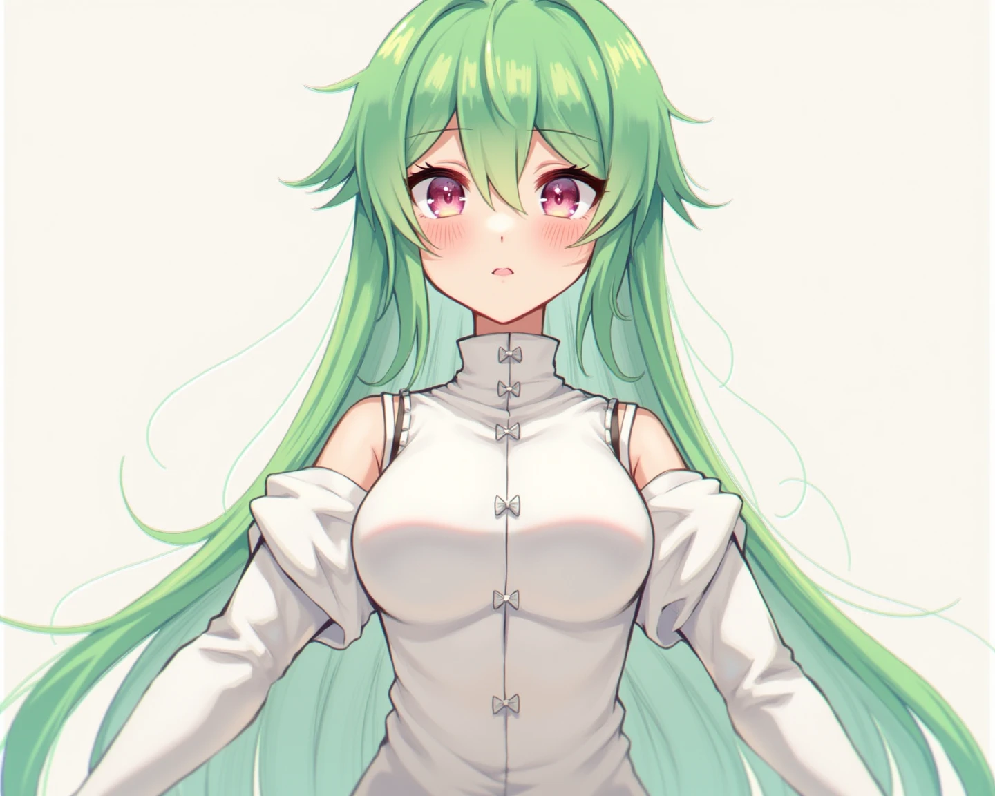 Expressive, score_9, score_8_up, score_9_up, Touhou, masterpiece, high quality, highly detailed, 1girl, kochiya sanae, solo, green hair, long hair, green eyes, long hair, big breasts, blush, round breasts,,,,,, frog hair ornament, hair tubes, snake hair ornament,,,, thin waist, sit on stool, white background,, virgin killer sweater,