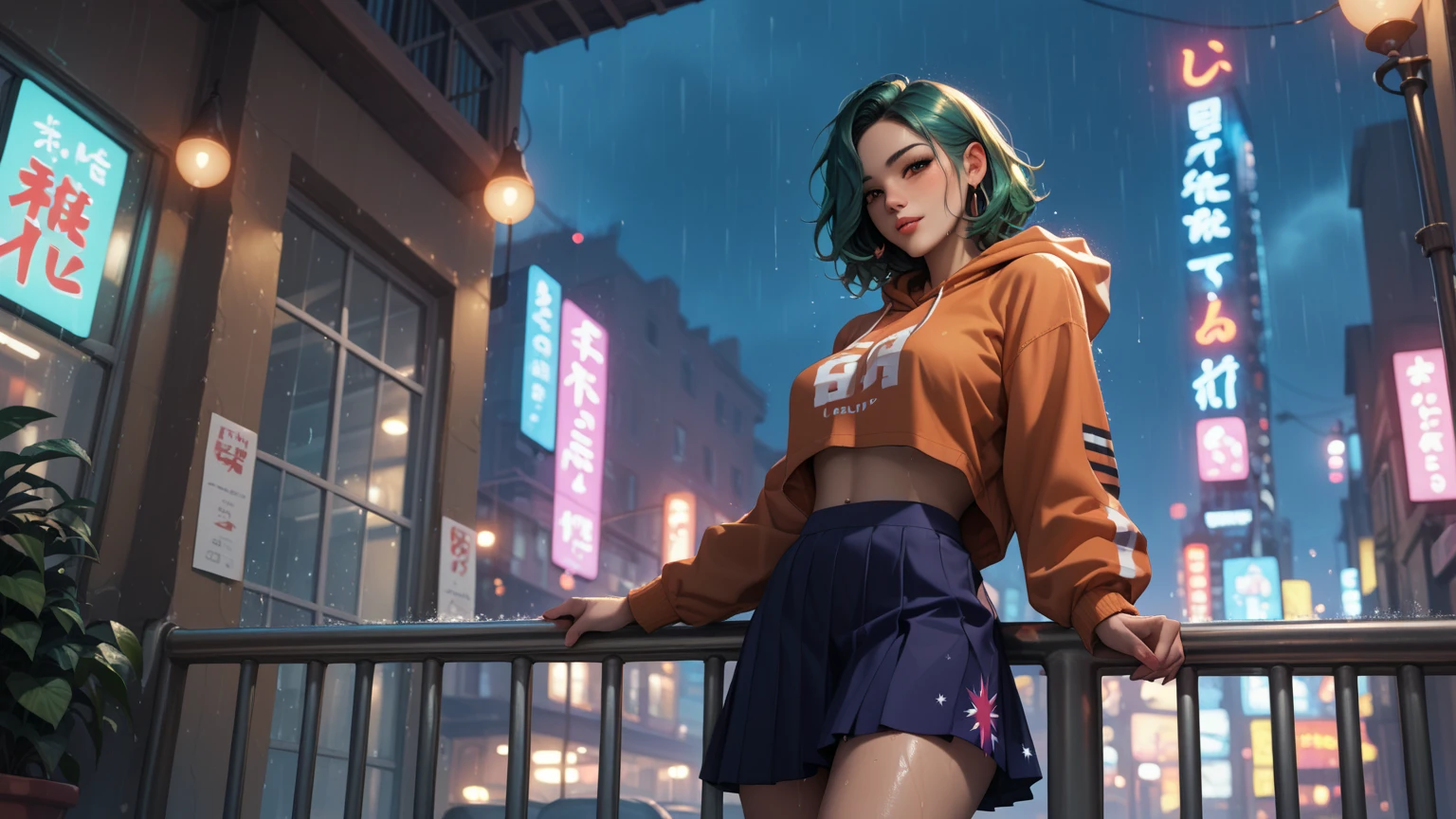 "A reflective woman standing on a glass balcony during twilight, wearing a lightweight skirt and a cropped hoodie. Her ombre green hair shimmers faintly under the dim, rainy sky. She gazes at the city below, where blurred neon lights and wet streets create a dreamy, melancholic atmosphere. The vibe is serene and introspective."