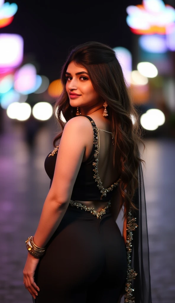 A beautiful modern Indian girl, radiant and full of grace, is captured in a stunning 8k hyper-realistic photograph. She wears a white transparent blouse that clings to her slender figure, revealing the contours of her body. The blouse is contrasted by a dark black skirt that flatters her waist and accentuates her curves.
The setting of the image is a modern city, with tall buildings and bright lights creating a dynamic and vibrant backdrop. The cityscape is expertly blurred in the background, drawing focus to the girl and her captivating beauty.
The photography is hyper-detailed, with every fiber of the girl's clothing and every pore on