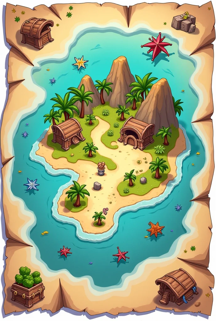 Create a vertical, cartoon-style illustration of a treasure map set on the ocean. The map should feature three distinct islands, each progressively larger as you move downwards on the map. The first island at the top should be small with a single palm tree. The second, in the middle, should be slightly larger with some vegetation and a small beach. The final island at the bottom should be the largest, featuring an X marking the spot where a treasure is hidden. Include some playful elements