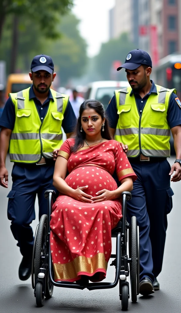 A pregnant female police officer stands in the rain holding a baby under an umbrella with one hand. She appears concerned and determined. The background shows a wet street with vehicles and people blurred by the rain. There is Hindi text at the top of the image.