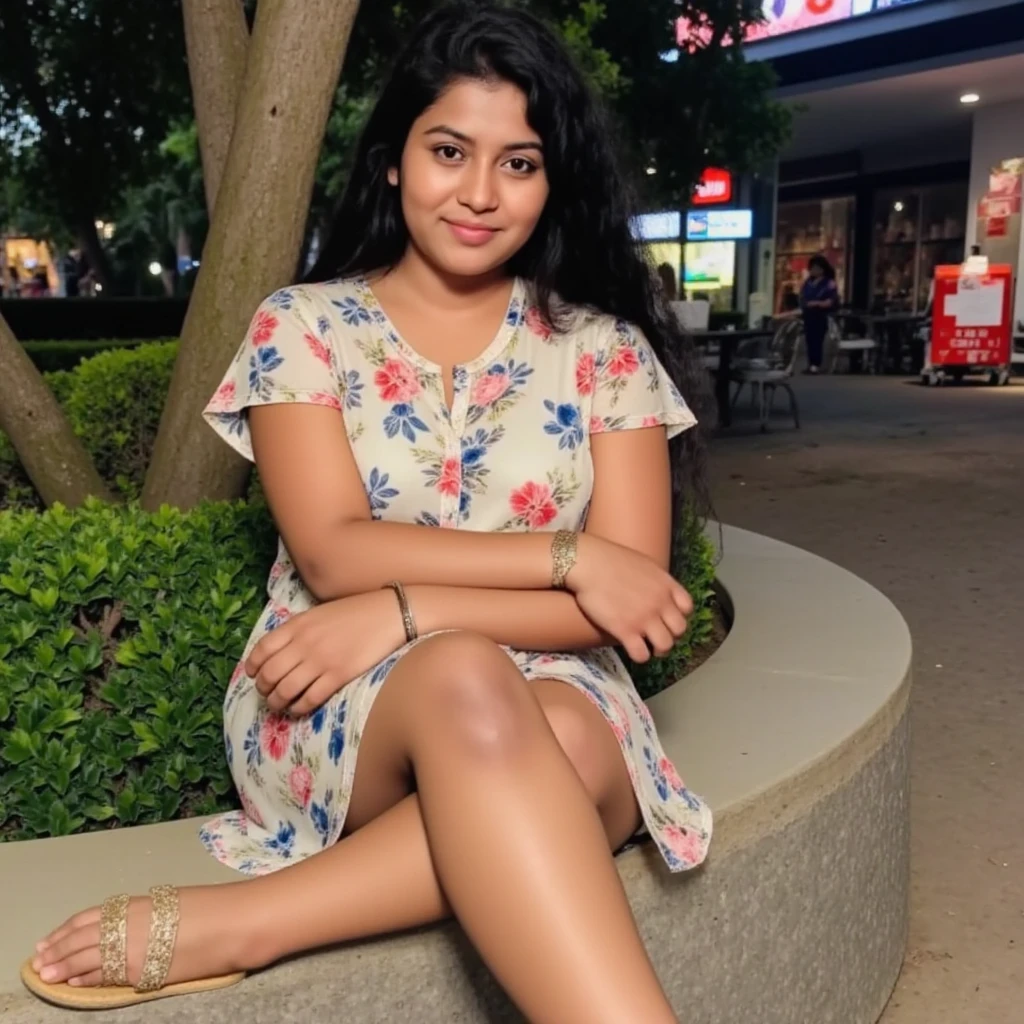 A young chubby Indian girl with short red hair and fair complexion wearing a purple frock and sitting in a resturant with a table infront of her
