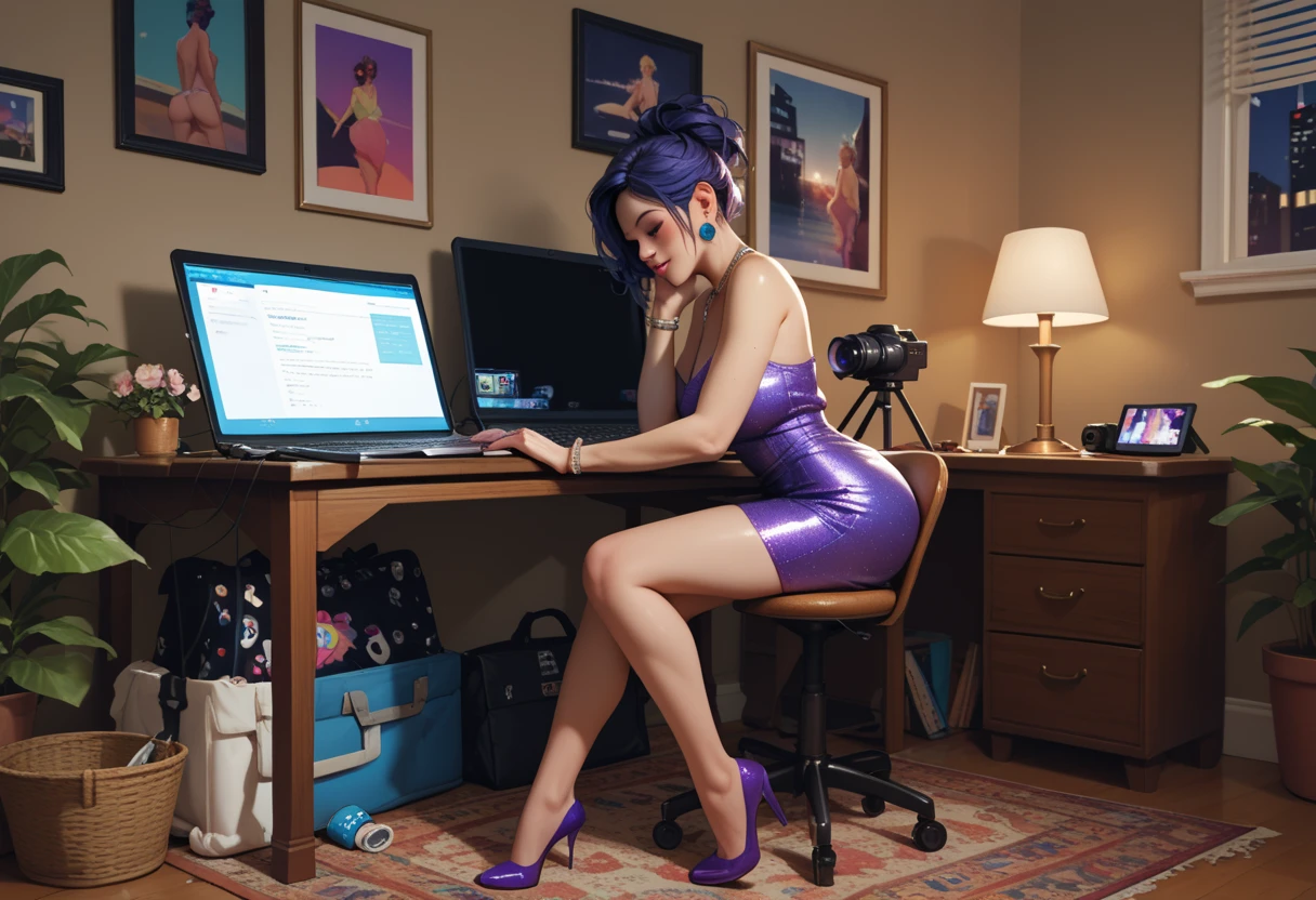 ((Masterpiece)), ((highest resolution)), a beautiful 30 year old female gamer (Julia Burch:Alyssa Sutherland:0.7), (((detailed skin texture))), ((natural skin)), (high detail face), (black hair with blue streaks), (random short hairstyle), (pale skin), ((medium breasts)), (muscular body), (very short light floral sundress), seductive smile, looking at the camera, sitting at computer desk, gaming, headset, (perfect proportion), (realistic photo), (best quality), (detailed), shot on a Canon EOS R5, 50mm lens, F/2.8, HDR, (8k), (wallpaper), (cinematic lighting), (dramatic lighting), (sharp focus), (intricate), RAW photo, posing for camera, 8k uhd, dslr, high quality, film grain, by Craig Morey