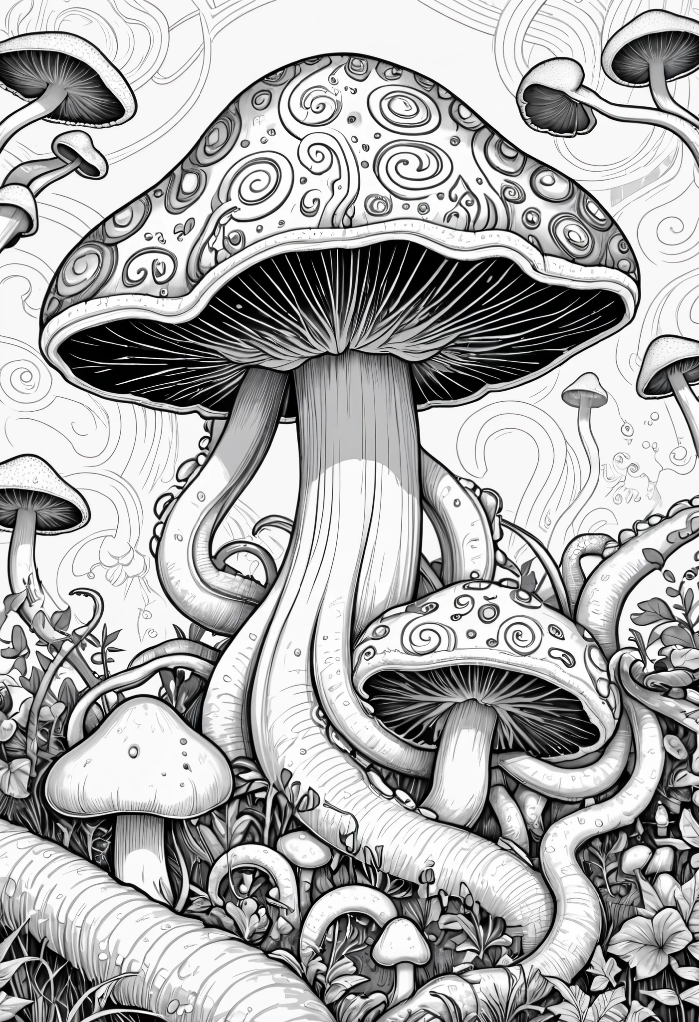 Vector Art, Flattening, smooth line art, Minimalism, graphic design aesthetics, flat illustration, (masterpiece, best quality, perfect composition, very aesthetic, absurdres, ultra-detailed, intricate details, Professional, official art, Representative work:1.3) psychedelic mushrooms and tentacles black and white line drawing