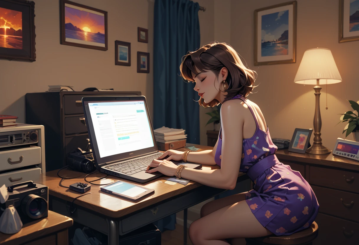 "A woman working on her laptop late at night in a room styled with retro 80s decor. She is wearing a purple mini dress with subtle vintage patterns. The room features pastel tones, an old-school desk, a cassette player playing lofi music, and a lava lamp glowing in the corner. Shot in a cinematic 16:9 ratio, the camera captures her full body from the side in this nostalgic setting."