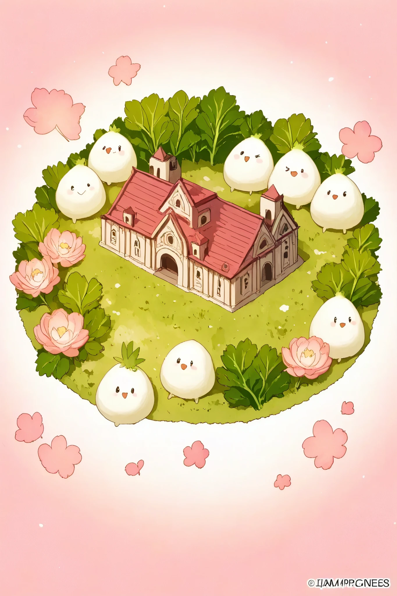 masterpiece、highest quality、I am a Princes daikon\(Japanese white radish character with pink leaves\),many little daikon\(litle Japanese white radish charactder with green leaves\),focus on the princes daikoncute kawaii village, castle made of Japanese rice,