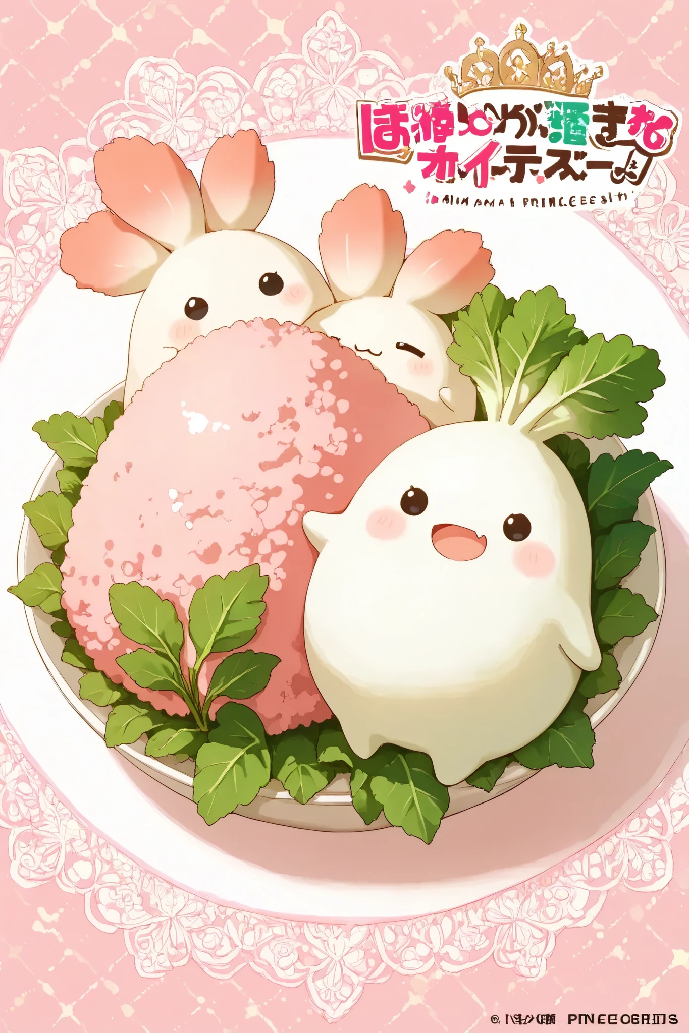 masterpiece、highest quality、I am a Princes daikon\(Japanese pink radish character with pink leaves\),many little daikon\(litle Japanese white radish charactder with green leaves\),focus on the princes daikoncute kawaii village, castle made of Japanese rice,