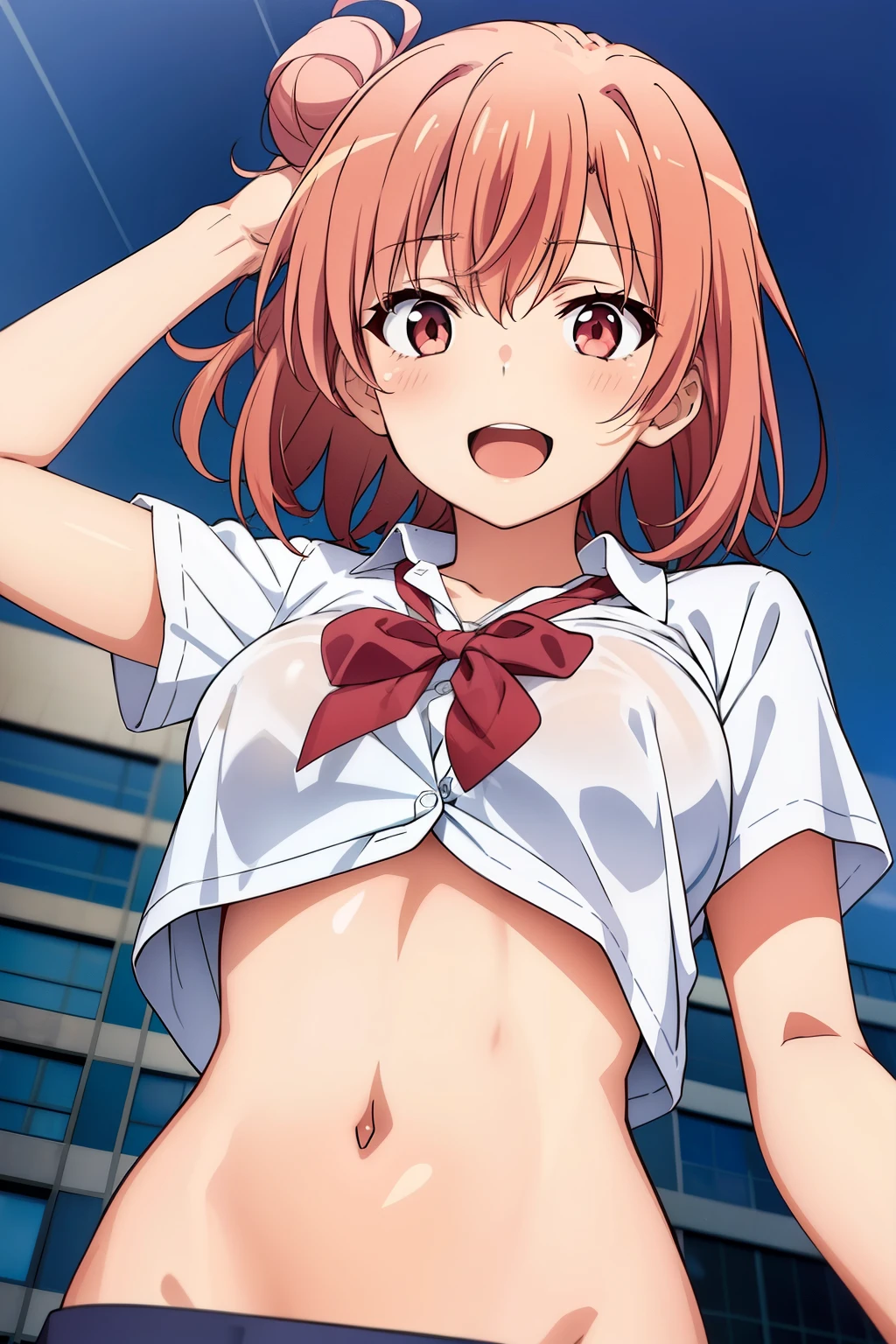 (masterpiece, top quality, high definition , NFFSW, perfect pixel for shoulder-length hair, is written by, 4K),
one girl , On, beautiful anime girls,
watching viewers,
perfect body, school uniform, short sleeve shirt,cleavagte, bra
Yuigahama Yui, short hair, pink hair, Hair Bun, Big Breasts , school uniform, short sleeve shirt,cleavagte,bra
smile ,
open mouth,
throw,
from below,