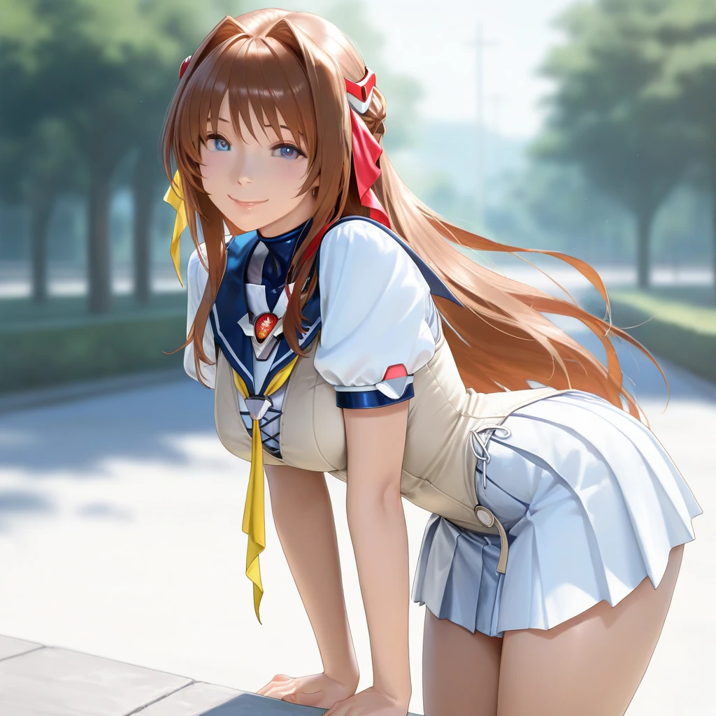 best quality,1girl,((big breasts:1.3)),((??????,blush,sweat,steam:1.1)), nanoha takamachi, takamachi nanoha, brown hair, long hair, ((straight hair:1.5)), blue eyes, gloves, long sleeves, fingerless gloves, ((magical girl)), winged footwear, white skirt, mini skirt, white thighhighs,((lift skirt,???????,white panties,lace panties)),pussy juice,walking,garden,from behind