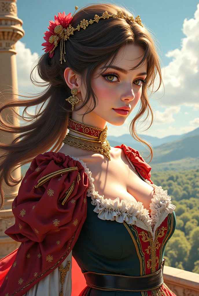 Masterpiece, absurdists, fine details, HDR, highly detailed face and eyes, photorealistic, dirndl, a woman in red dress glued to the body poses for a photo, German woman