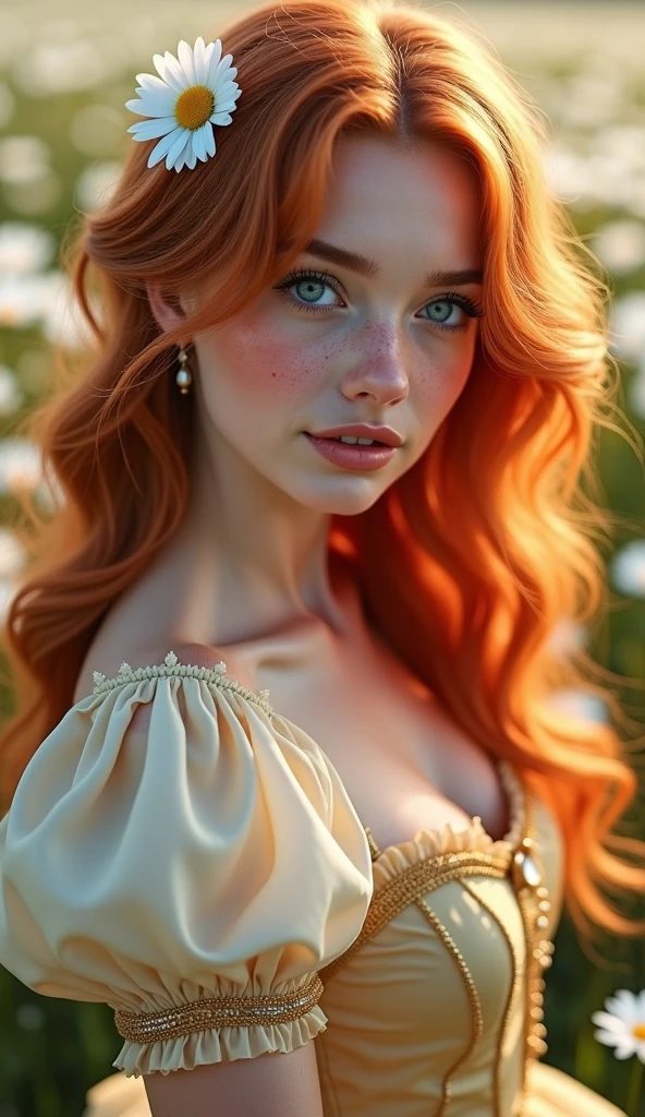 Masterpiece, absurdres, fine detail, HDR, highly detailed face and eyes, photorealistic, smiling, <lora:ird:0.75>,beautiful ird_woman, fair skin, pale,a woman with long red hair posing for a picture , perfect ird_face, perfect ird_body, freckles, curvy body, cowboy shot