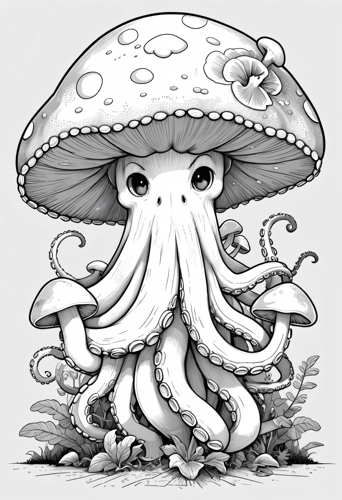 Vector Art, Flattening, smooth line art, Minimalism, graphic design aesthetics, flat illustration, (masterpiece, best quality, perfect composition, very aesthetic, absurdres, ultra-detailed, intricate details, Professional, official art, Representative work:1.3) mushroom caps and octopus, black and white line drawing
