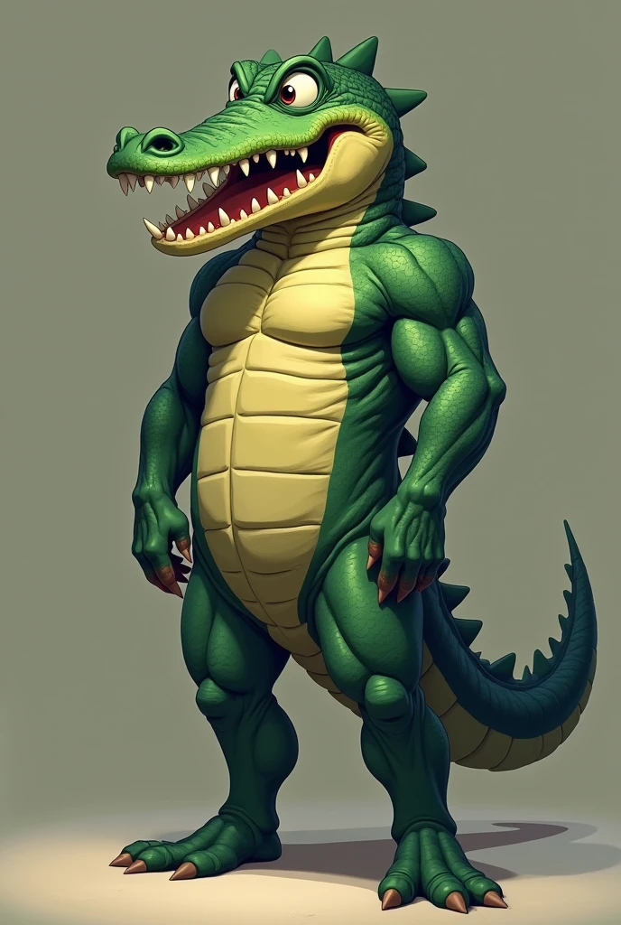 (((Solo)))、(Full body character concept)、8k、Best illustrations、Best Quality((((No humans)))), reptiles,, green body, Crocodile human, Muscular,、Combat Stance、(Crocodile scales)、From above at an angle、Movement angle、(White background)