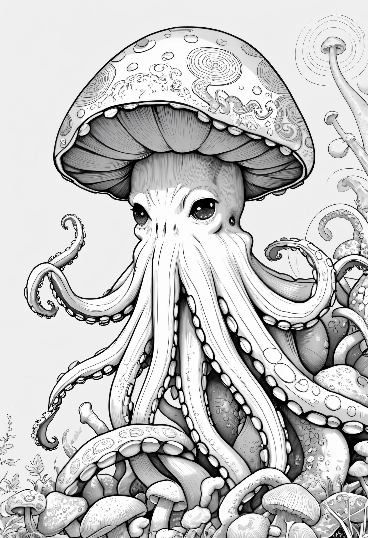 Vector Art, Flattening, smooth line art, Minimalism, graphic design aesthetics, flat illustration, (masterpiece, best quality, perfect composition, very aesthetic, absurdres, ultra-detailed, intricate details, Professional, official art, Representative work:1.3) mushroom caps and octopus, black and white line drawing