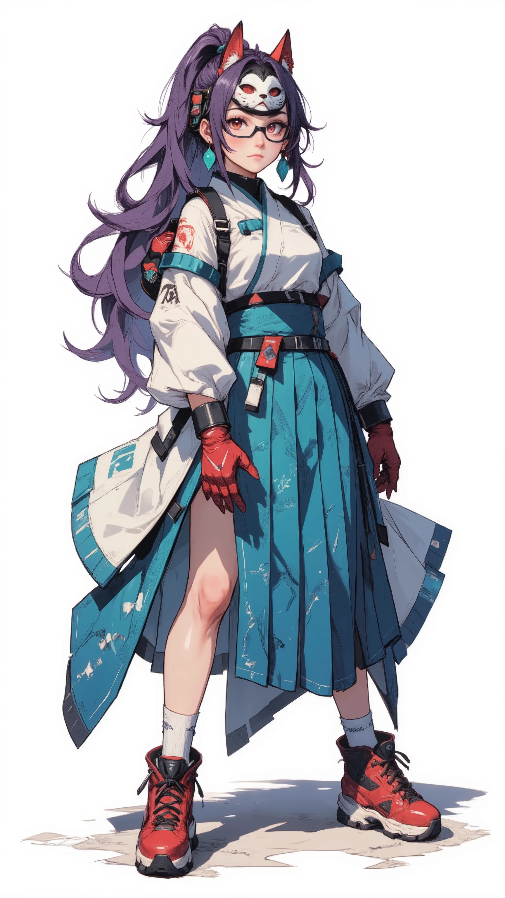 Composition from head to toe、full body view、( masterpiece, highly detailed, about, Clear focus, shadow, very high resolution, 8K, perfect anatomy, perfect face, (detailed face), (detailed eyes), a young woman with anime hair long and purple tied in a high ponytail. From head to toe, She wears fine-framed glasses and turquoise jewel earrings. She is wearing a traditional Japanese mask in the shape of a cat's head.Her outfit consists of a traditional Japanese kimono, that reveals her shoulders and part of her stomach. Underneath she wore a blue pleated skirt that reached above her thighs. Her skin was a soft color, and there was a faint blush on her cheeks.
She stands up from head to toe. 、red gloves、socks, Red boots, white background