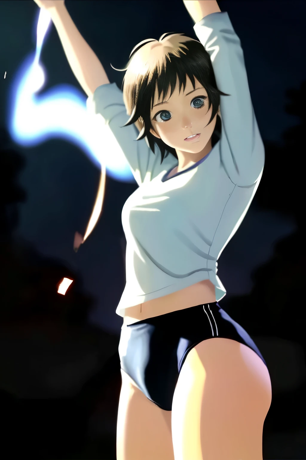 in the style of Chi no Wadachi, manga style, a girl wearing a Black gymnastics bloomers, High leg、red blouse, cowboy shot、 reaching hand, crying, distraught face, surrounded by darkness, black hair, her face scribbled out, ((wide shot)), ((centered)), ((distanced)), ((in the distance surrounded by darkness)), head tilted up, ((perfect eyes))