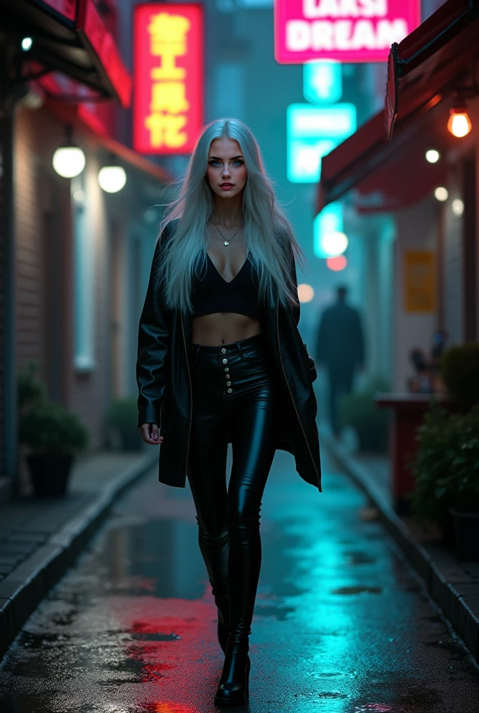 Aria, Platinum white blonde long hair 24 year old model with nice body and big boobs, doing a photoshoot at night on a a lit up busy street in Manchester England, weaing a big fluffy furry black coat, black turtle neck, and black jeans