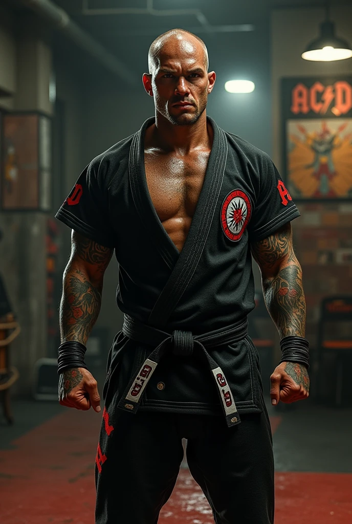 Young white man karate black belt , 17 years old, military haircut, dark black hair, intense green eyes, intense gaze, affiliated features, no facial hair, height 1.93, weight 96 kg, muscular build, broad shoulders, V-shaped body, sleeves tattoos on right arm, full body focus, completely hairless,