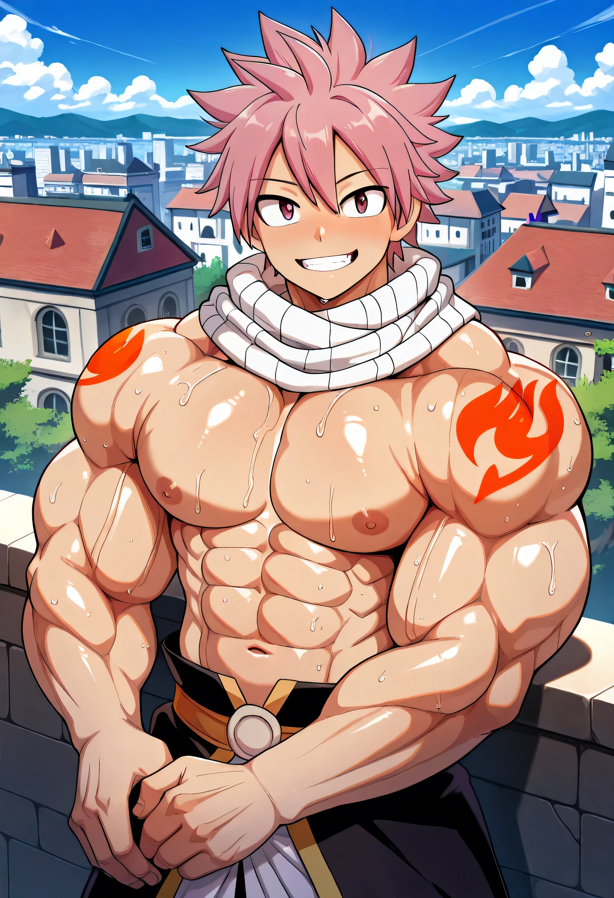 1boy, 20 year old, Natsu Dragneel sweating heavily ((naked flaccid penis  dripping cum and scrotum )) smiling widely wearing a black sleeveless jacket bare chested wearing white scarf.  Naked legs with Flaccid   dripping and  , reclining down looking at the viewer. Big muscular proportionate arms and strong chest and abs. Pink hair and detailed eyes. front view, wearing ((white scarf)). big pecs and strong washboard abs. flushed face man