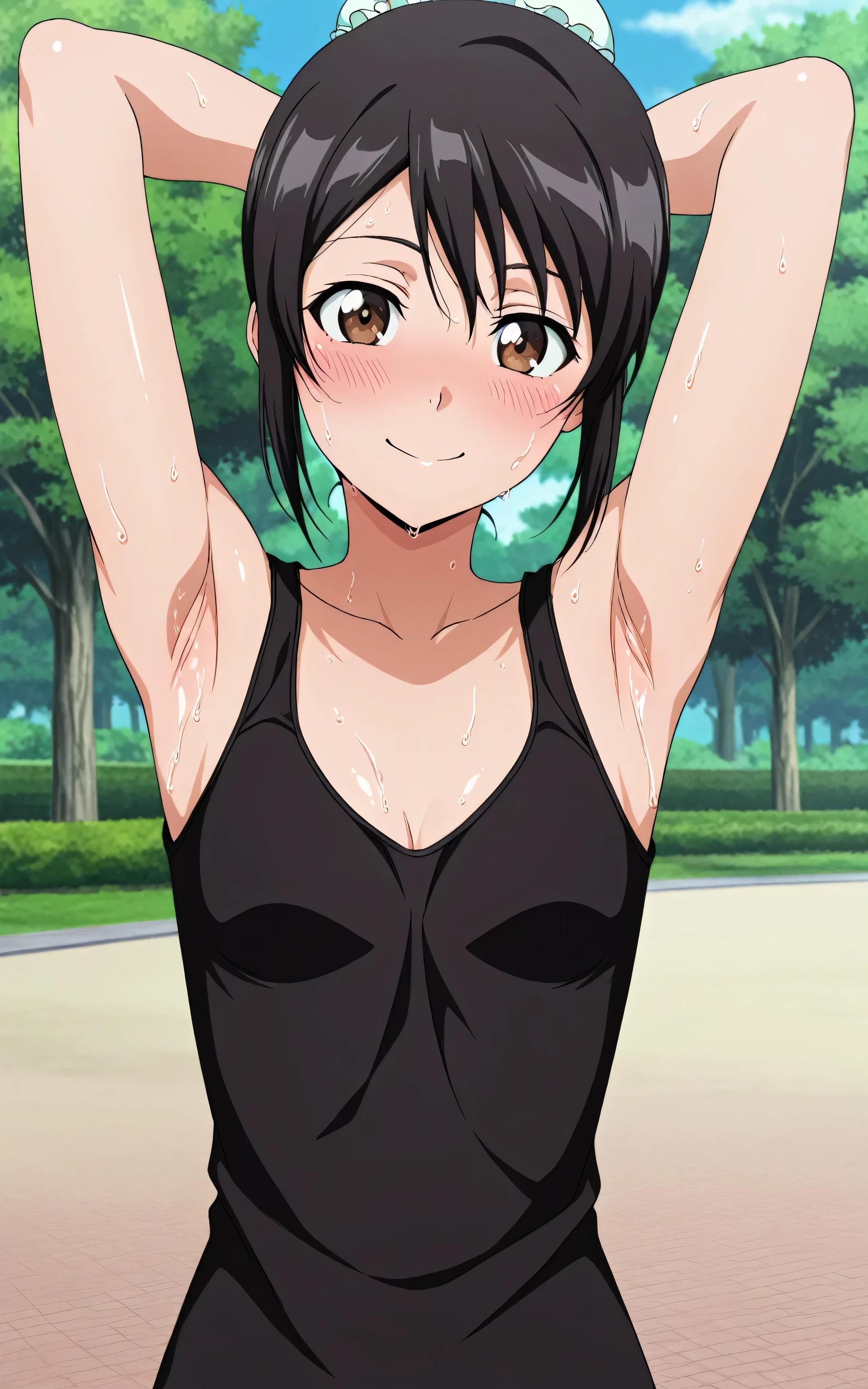 masterpiece, best quality, amazing quality, anime screencap, anime coloring, 1girl, solo, momohinamori, black hair, single hair bun, bun cover, brown eyes, small breasts, black tank top, sleeveless, bare shoulders, bare arms, arms behind head, armpits, head towards viewer, looking at viewer, smile, front light, sweaty, (cleavage:0.7), blush, outdoors, day, park, 