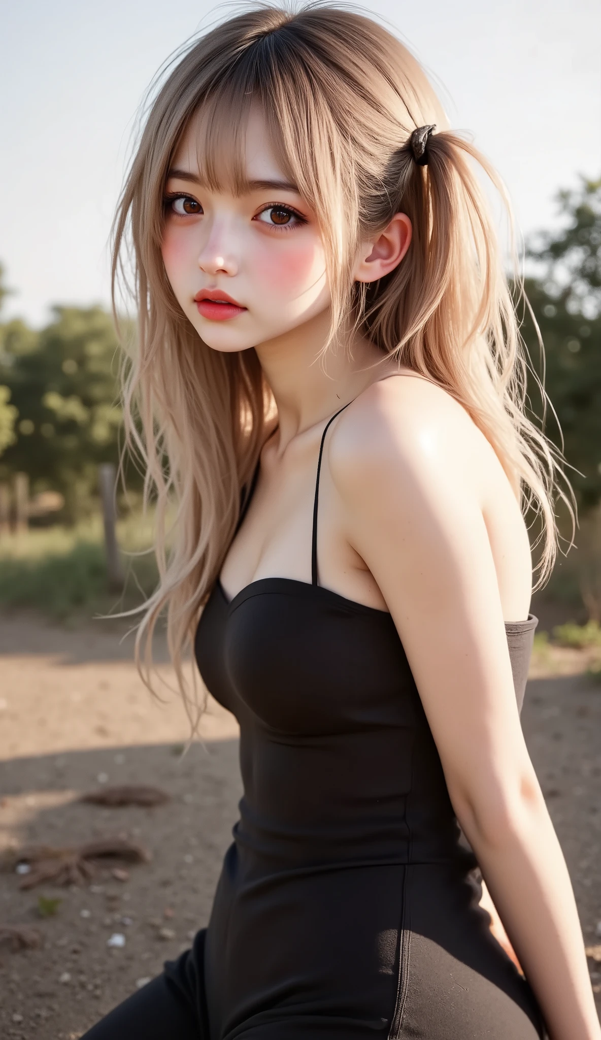 ((top quality)), ((masterpiece、High sensitivity、 High Resolution、detailed depiction up to the entrance、 Draw a delicate face))、(Small beautiful breasts、bust up)、 ((, Transcendental Young Face, idol face)), ((An innocent beautiful girl))、((Slender body line drawing delicate eyes and face))、 stylish hair 、(shame:1.3, embarrassed expression:1.3) 、((Wearing a tight dress ))、 Countryside Scenery、(detailed hands:1.3, perfect right hand:1.2), Beautiful body lines reflected in backlighting、 (Tight Waist)、(Showing off her small beautiful ass:1.2), (Completely-Wide:1.2), (Leaning forward pose)