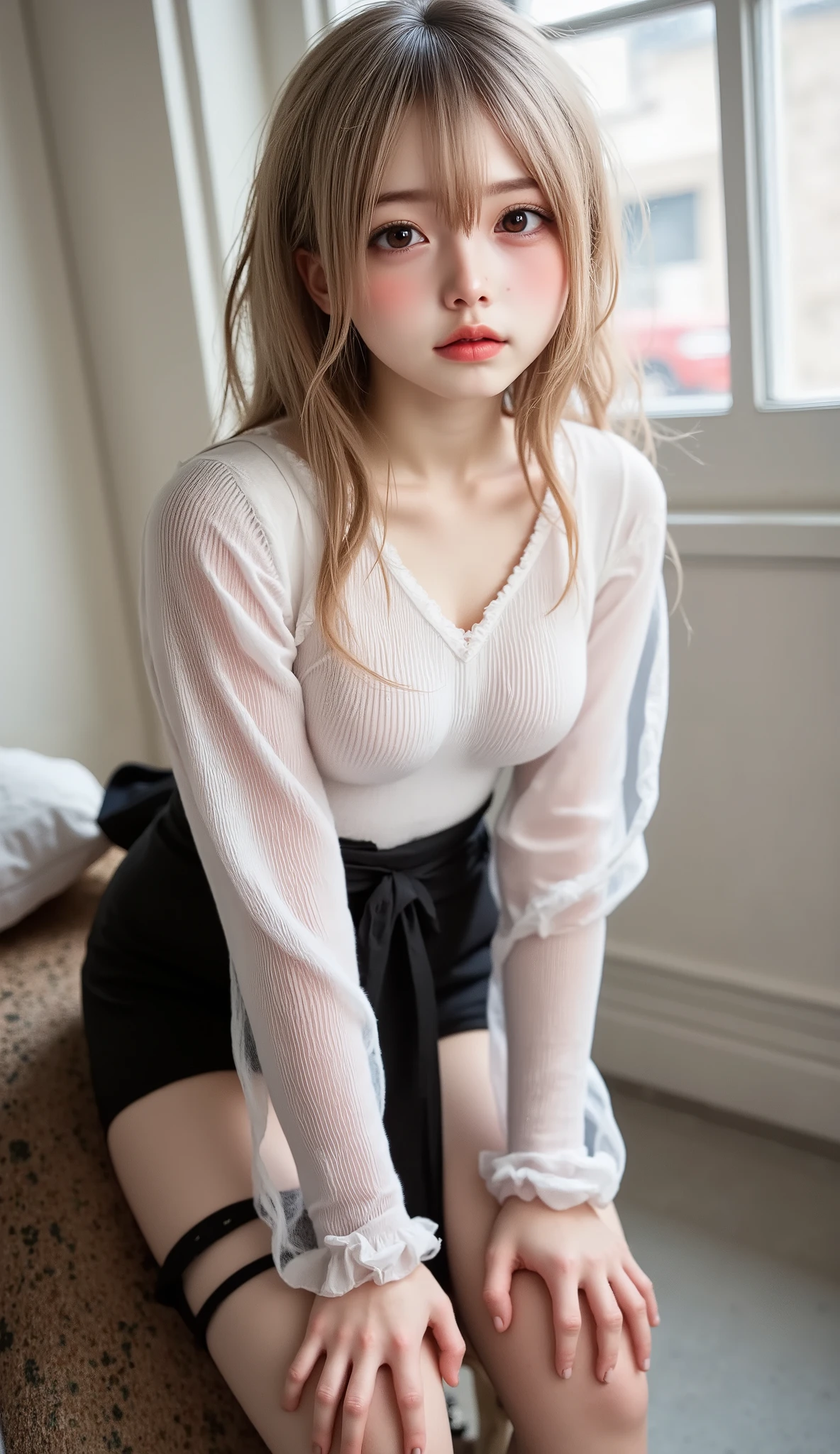 ((top quality)), ((masterpiece、High sensitivity、 High Resolution、detailed depiction up to the entrance、 Draw a delicate face))、(Small beautiful breasts、bust up)、 ((Baby Face, Transcendental Young Face,  idol face)), ((An innocent  beautiful girl))、((Slender body line drawing delicate eyes and face))、 stylish hair 、(shame:1.3, embarrassed expression:1.3) 、((Wearing a tight dress ))、 Countryside Scenery、(detailed hands:1.3, perfect right hand:1.2), Beautiful body lines reflected in backlighting、 (Tight Waist)、(Showing off her small beautiful ass:1.2), (Completely-Wide:1.2), (Leaning forward pose)