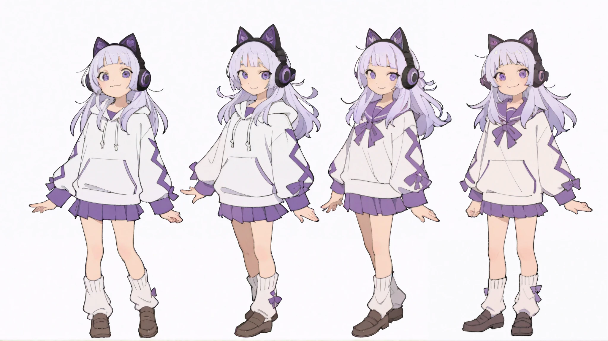 1 girl、full body standing picture、 light purple hair、long hair up to the waist、bangs cut Princess Patten、Eyes are purple and have cool tree eyes、purple long sleeve sailor suit、white loose socks、 white hoodie、loafers、cat ear headphones、smile、 variations