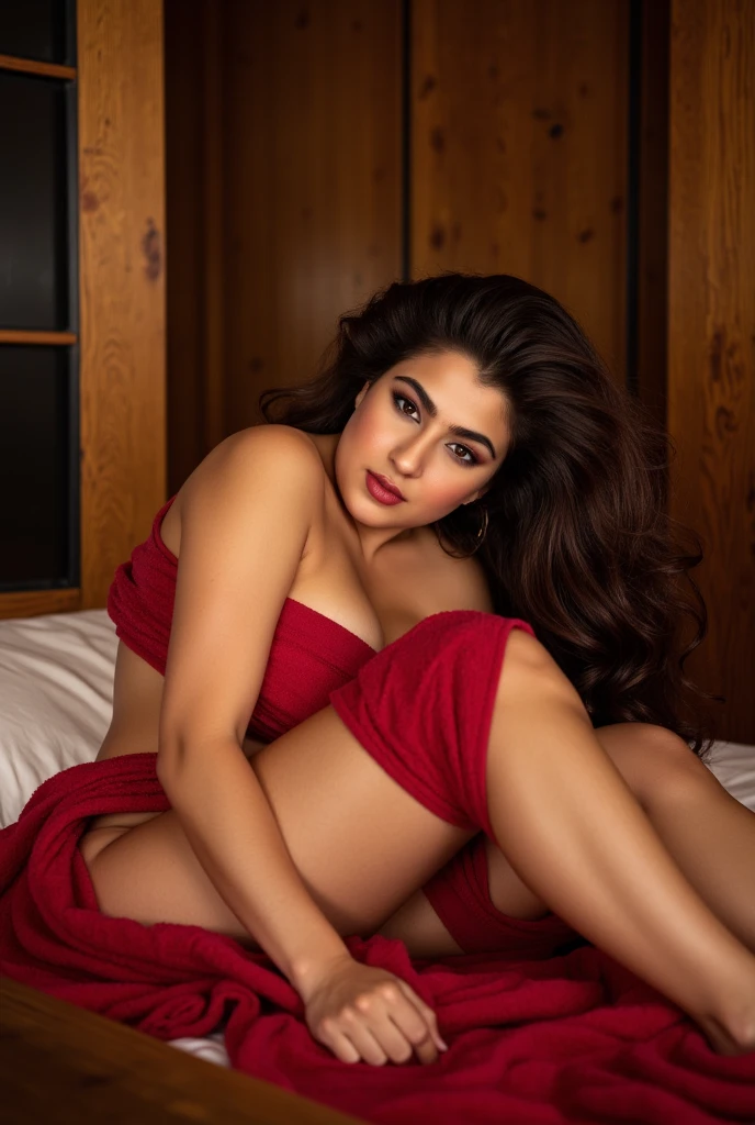 Neelam muneer in strappy dress showing off long shapely legs, prominent collarbone, high heels, full shot, reclining on bed