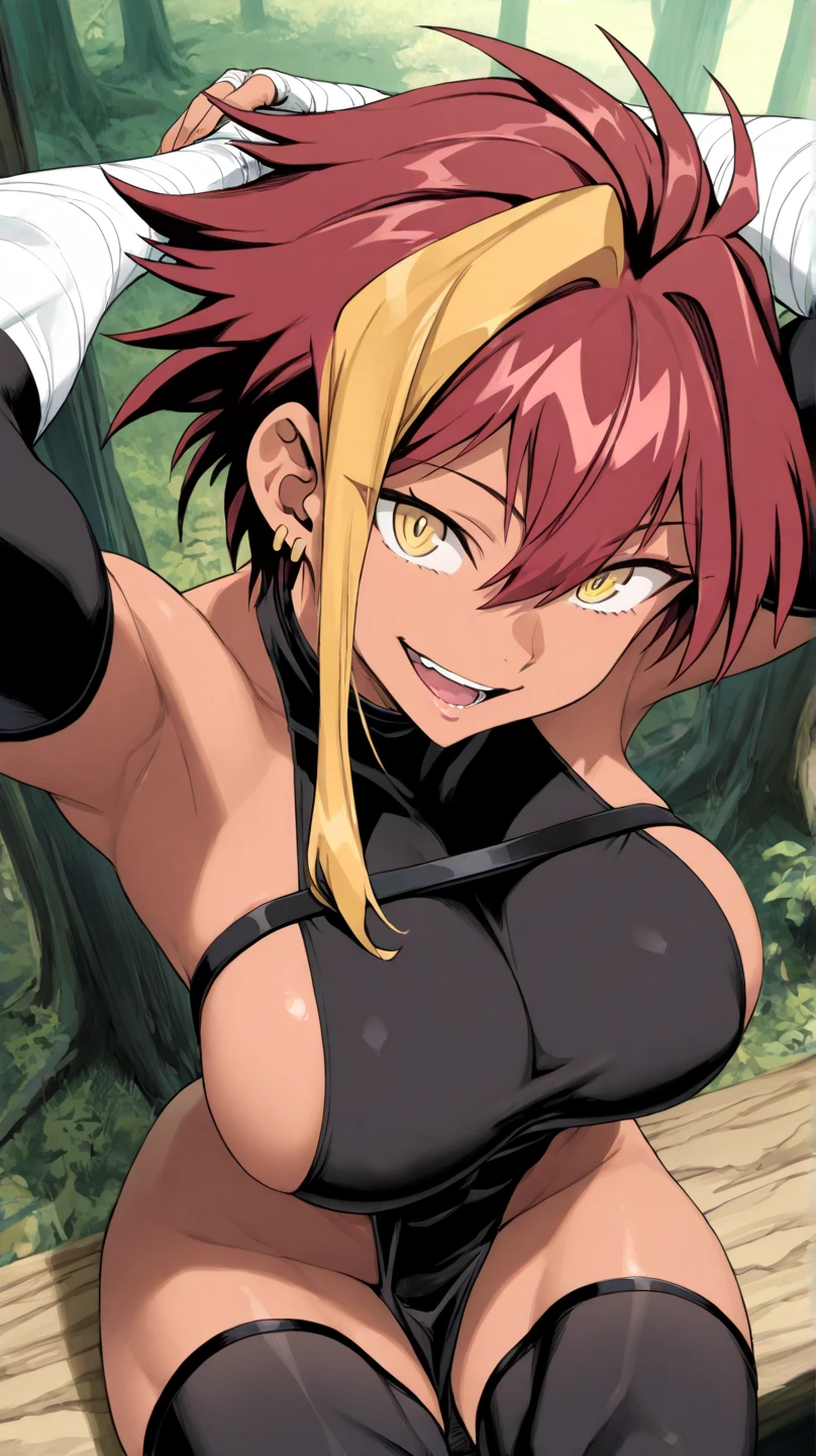  , marle
High quality ,  best quality , masterpiece,  High Resolution , anatomically correct,anime Coloring
1girl,solo,Cool woman, handsome woman, beauty in men's clothing
, dark-skinned female, yellow eyes, short hair, red hair, yellow hair, multicolored hair, single sidelock, , toned
, outfitmain, earrings, black tabard,  strap, sideboob, elbow gloves, bandaged arm, black thighhighs, bandaged leg, pelvic curtain
, Forest
looking at viewer,close up,from above,upper body, three quarter view, dutch angle
 , smile,open mouth
arms behind head, hugging own legs, sitting,
