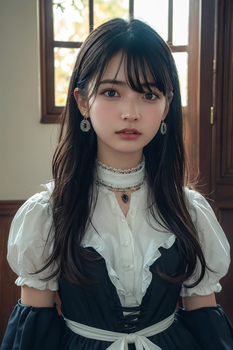 there is a woman with a white shirt and a black hair, ulzzang, white hime cut hairstyle, neat hair with bangs, she has black hair with bangs, with full bangs, sakimichan, cruel korean goth girl, with bangs, the hime cut, xision wu, jinyoung shin, 🤤 girl portrait, black hair and white bangs