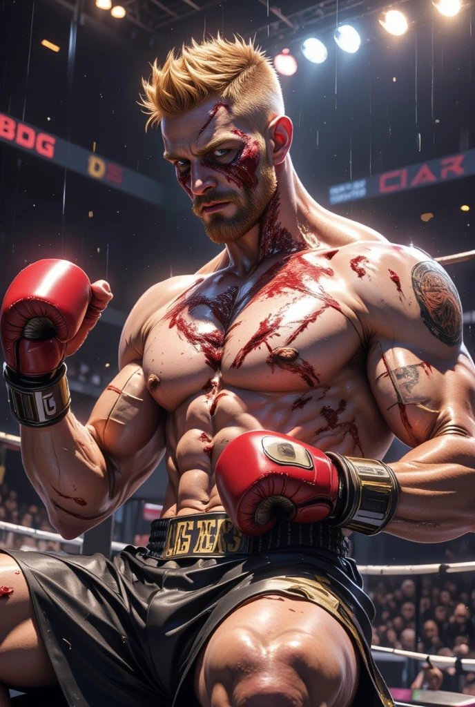 3D Photorealistic, Masterpiece realistic, best high quality, perfect details, RAW Photo, intricate details, nice lighting, 4K, detailed background, In the championship boxing match, A determined muscular boxing champion 45-year-old man, perfect wrinkle wearing pure white boxing trunk and red boxing gloves. wide abs (wide abs:1.4). His faces marked with grit and determination. Crowded audiences and nice lighting, nice face lighting, serving a boxing battleground. The atmosphere of raw energy. He looks firm and powerful in professional boxing pose, as ready to start the fight, bodily fluid (bodily fluid:1.4), perfect muscle anatomy, perfect hands anatomy, extremely bruised on his muscle body, bloody body (bloody body:1.5)