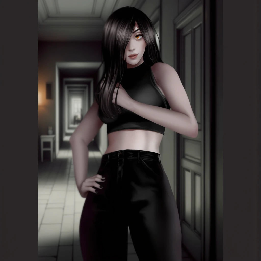 (best quality), (masterpiece), (detailed), (realistic), ((the whole body is in the frame)), (looks at the viewer), 1 girl, (dark blue hair, black lipstick, red eyes, black narrow pupils, red drop earrings, thick long eyelashes), black tight skirt, black blouse, black shoes, black tights, a mole on the left cheek from below, (agata:1.5) ,
