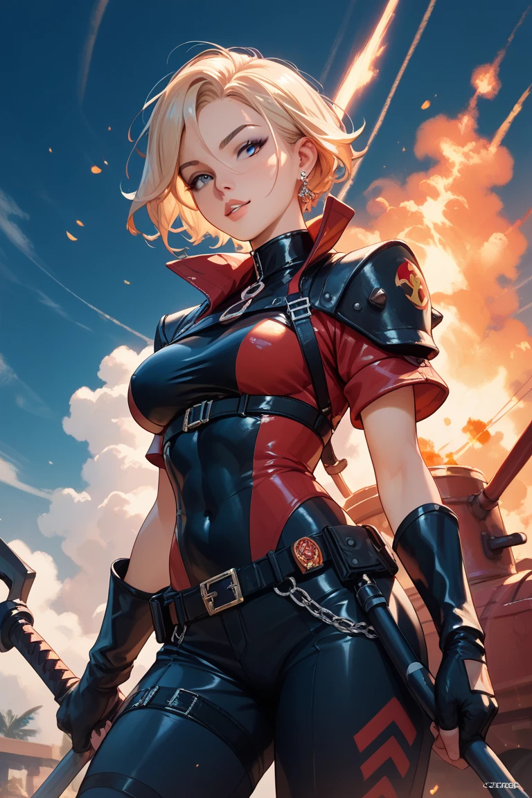 (((woman))), A 35-year-old muscular Russian warrior woman almost naked in the Simon Bisley style for the cover of Heavy Metal magazine, (((tiny red thong))), super short blonde hair, Minimum clothing, Cyrillic alphabet, red carbon fiber armor with yellow stars in hexagonal pattern stained with ink, (((red clothing with yellow stars)))), (((short-cut))), ((Annie Lennox)), inside a spaceship, cyberpunk, tight suits, bio mechanical suit,